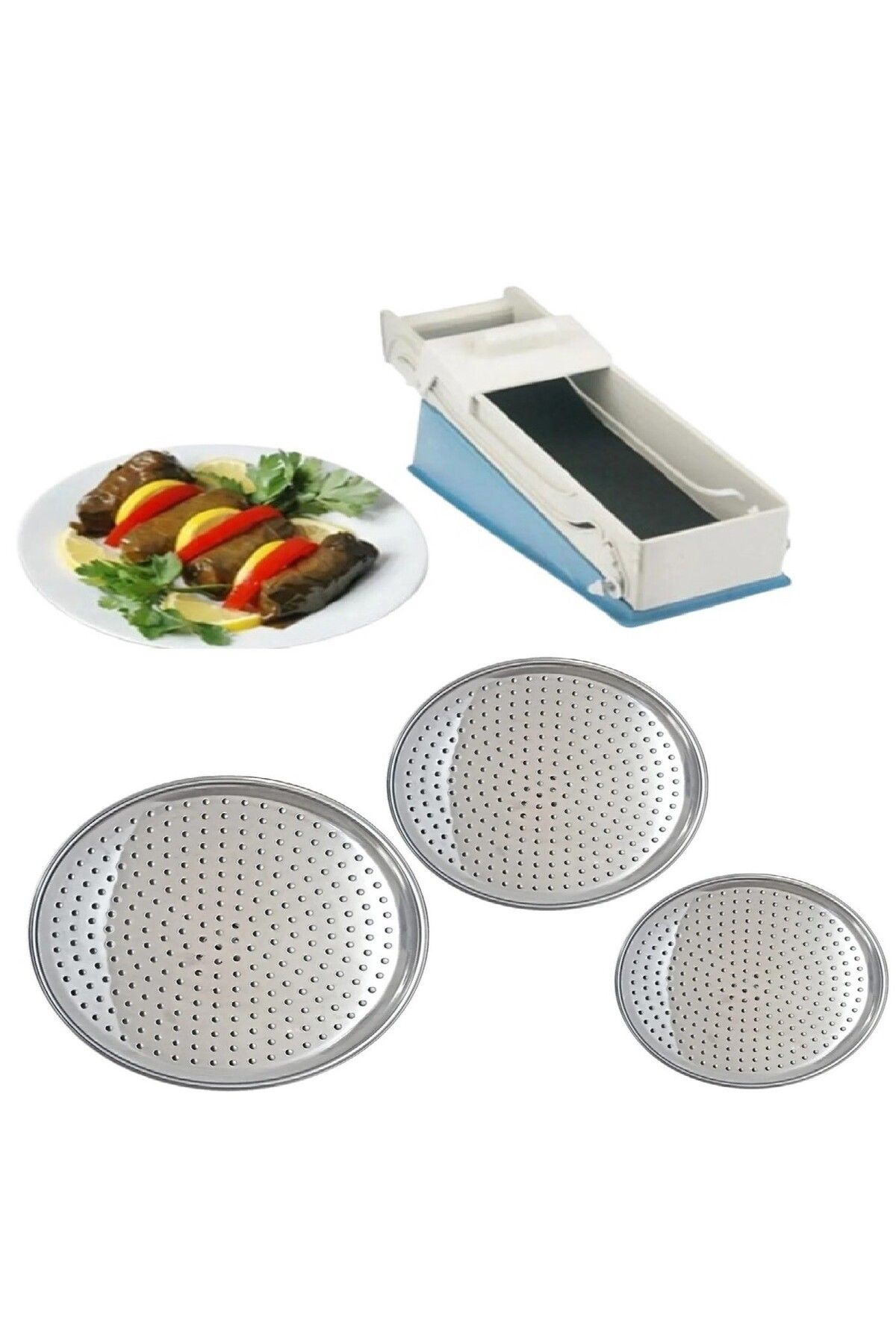 EveFix 3 Boy Paslanmaz Çelik Dolma Sarma Altlığı Pizza Tepsisi 20-22-24 cm - Yaprak Sarma Makinesi Hediyeli