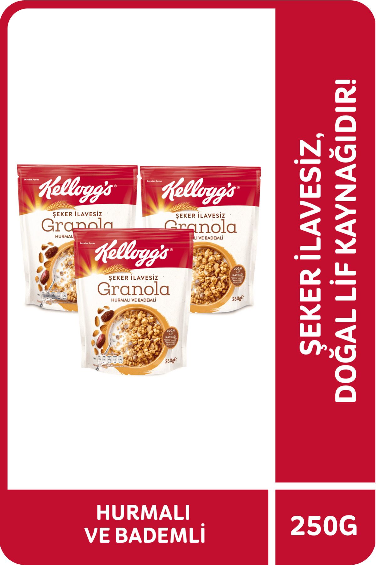 Kellogg's Şeker Ilavesiz Granola Hurmalı Ve Bademli 250 gram X 3 Adet,