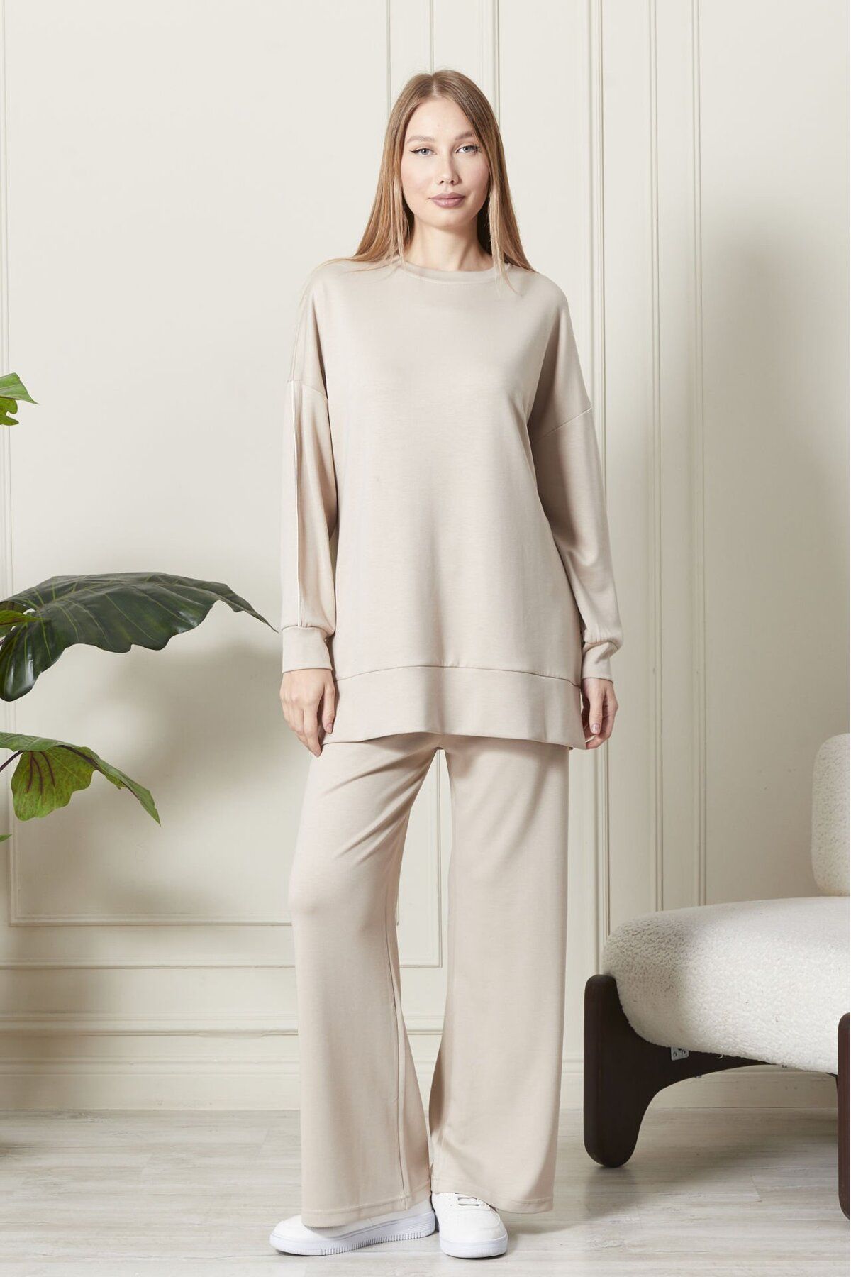 soBasic-Beige Color Modal Long Length Crew Neck Elastic Waist Detailed Wide Leg Tracksuit Set - L 4