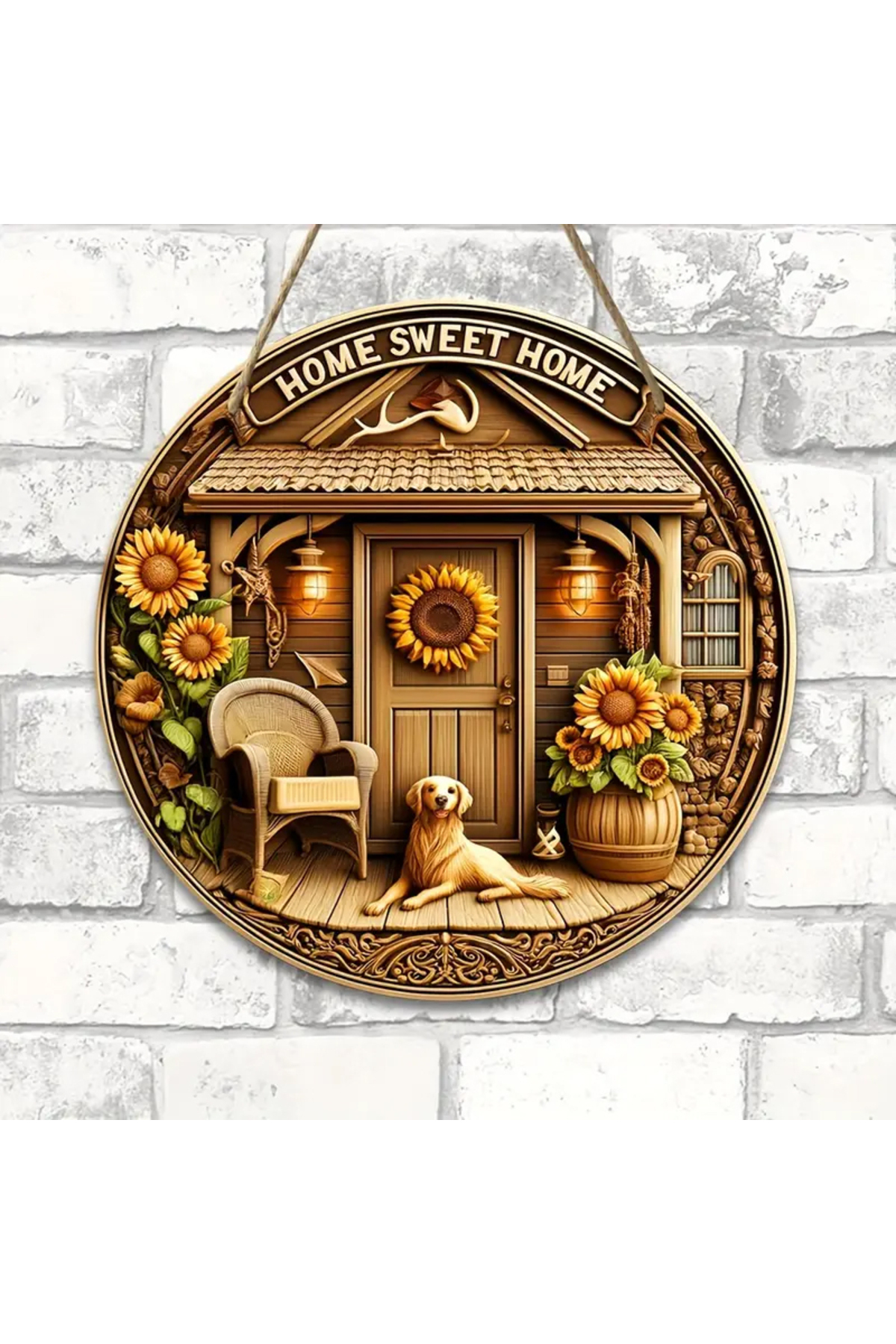 Ahşap Ayçiçeği ve Köpek Desenli Kapı Süsü Ev Dekorasyonu 4