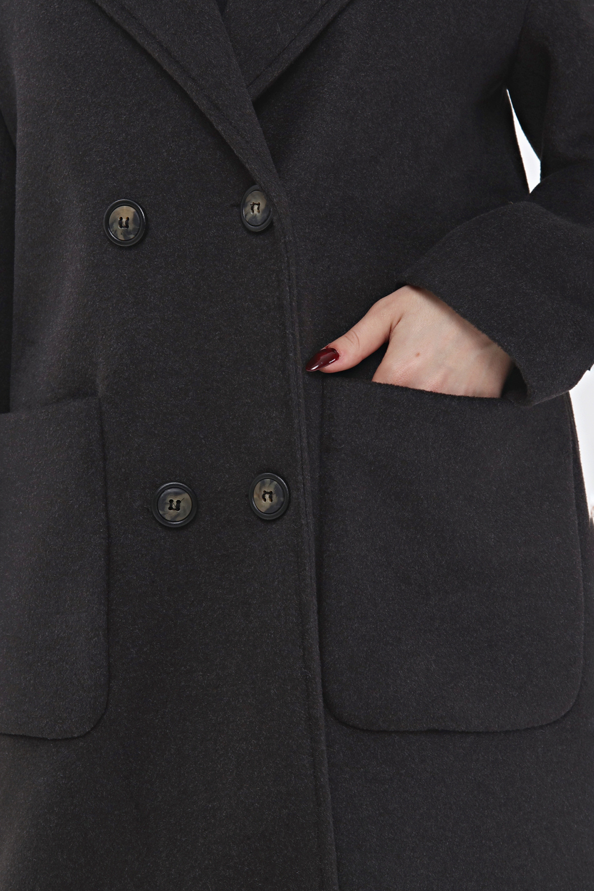 Veger-Anthracite 3440 Model Wool Stamp Women's Coat - Double Pocket Detail 3