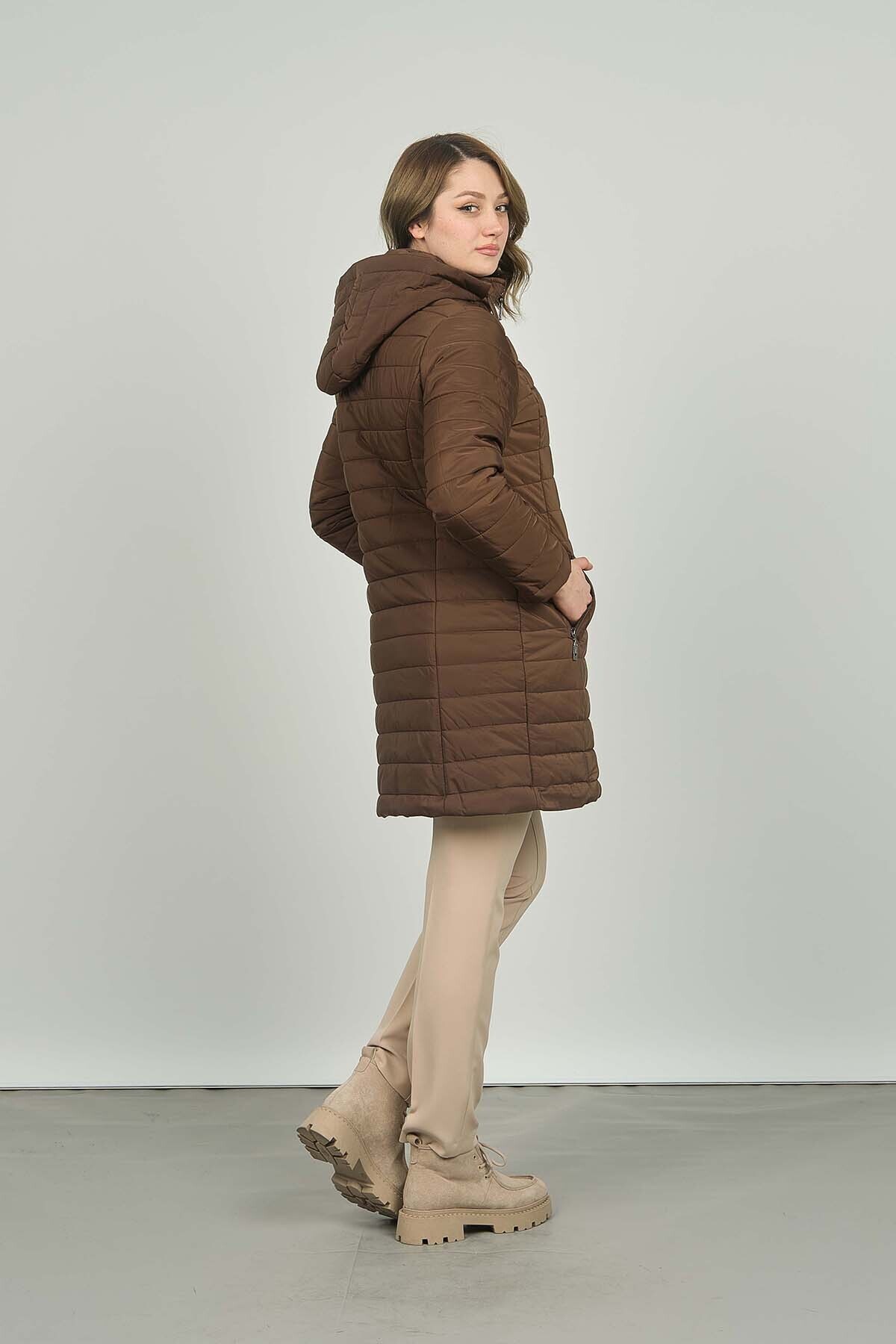 Veger-Women's Quilted Coat with Hood 3422 - Double Pockets, Brown 5