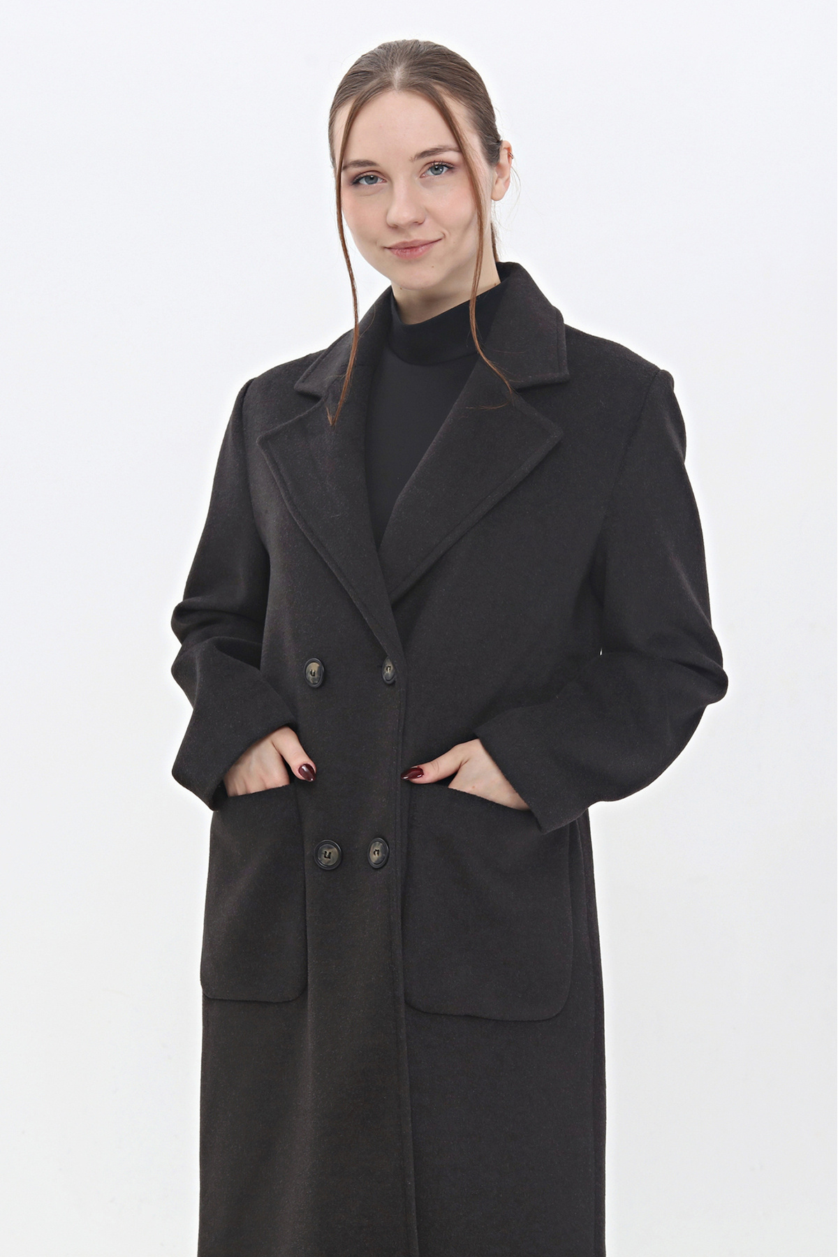 Veger-Anthracite 3440 Model Wool Stamp Women's Coat - Double Pocket Detail 2