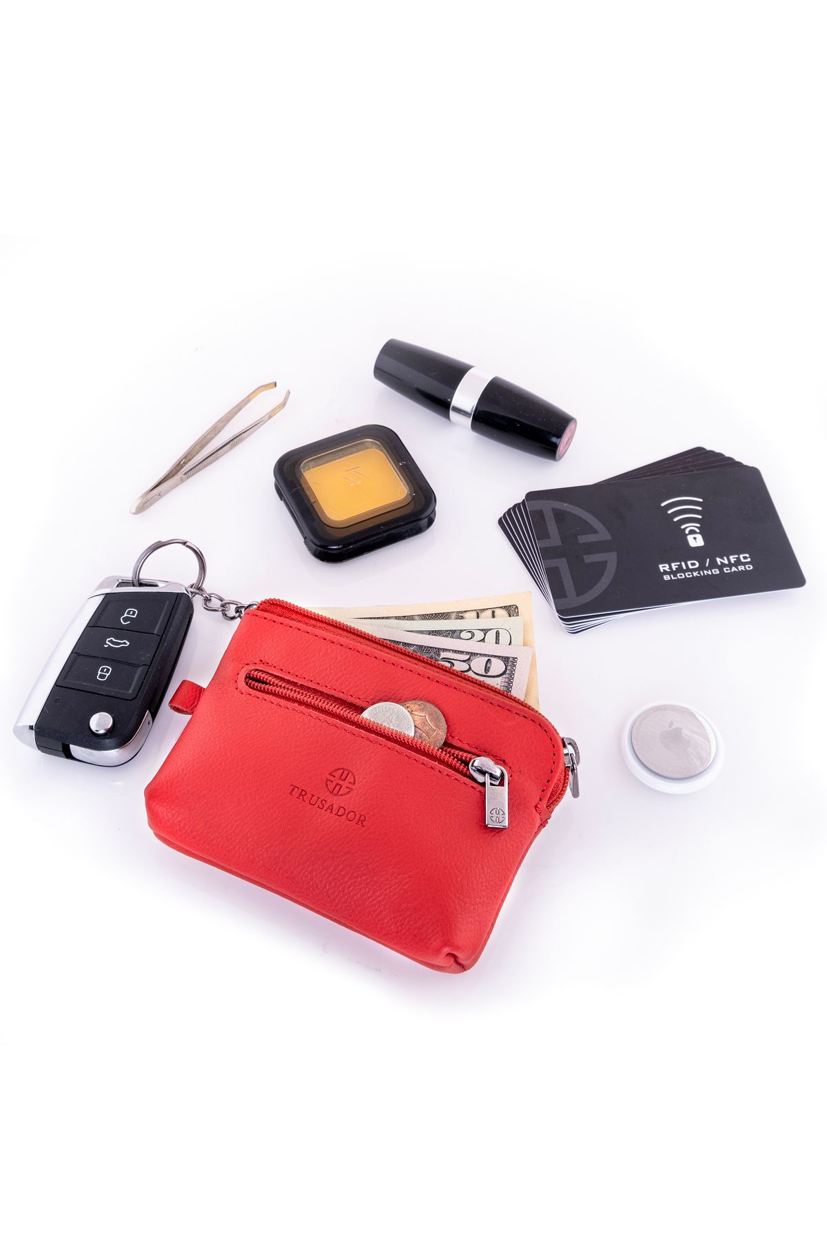 کیف پول زنانه MILANO RED ZIPPERED MINI SIZE WALLET LEAINE چرمی RFID KEYCHAIN محافظت شده Trusador