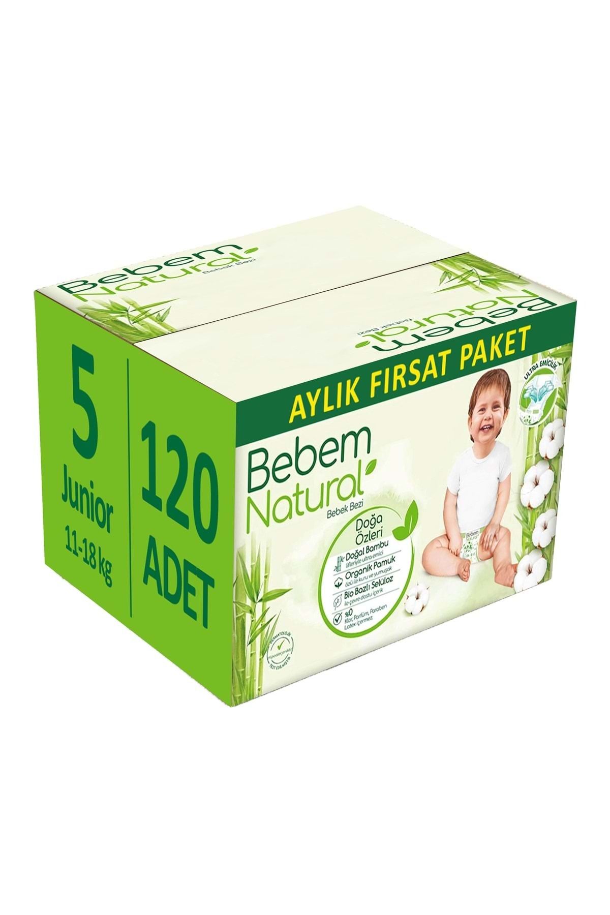 Bebem Natural Bebem Bebek Bezi Natural Beden:5 (11-18Kg) Junior 120 Adet Aylık Fırsat Pk