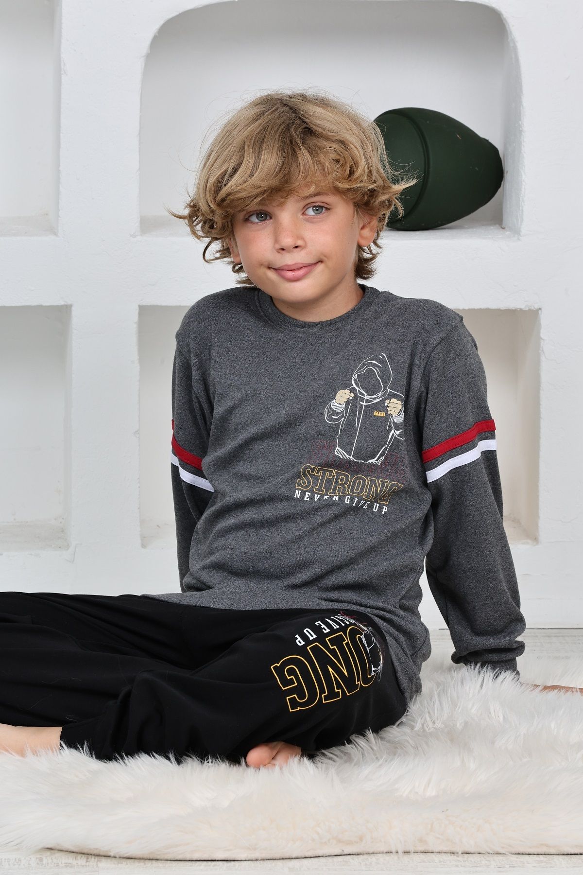 KAPİKİDS-Long Sleeve Crew Neck Anthracite Melange Color Front and Back Printed Interlock Men's Pajamas Set 5