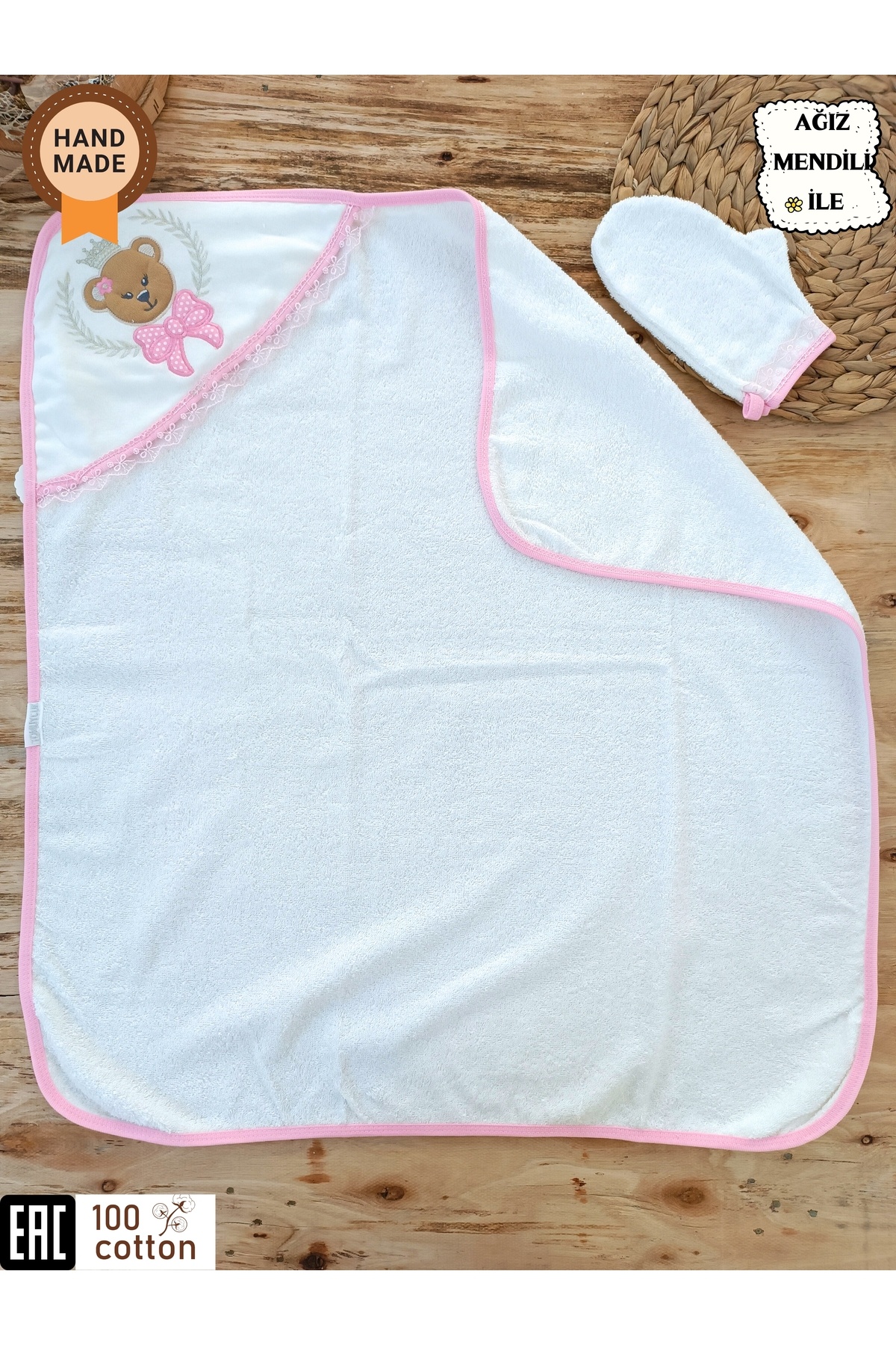 Tomuycuk %100 Pamuklu & Başlıklı Bebek Banyo Havlusu - Ayıcık Nakışlı & Yumuşak Bebek Havlusu