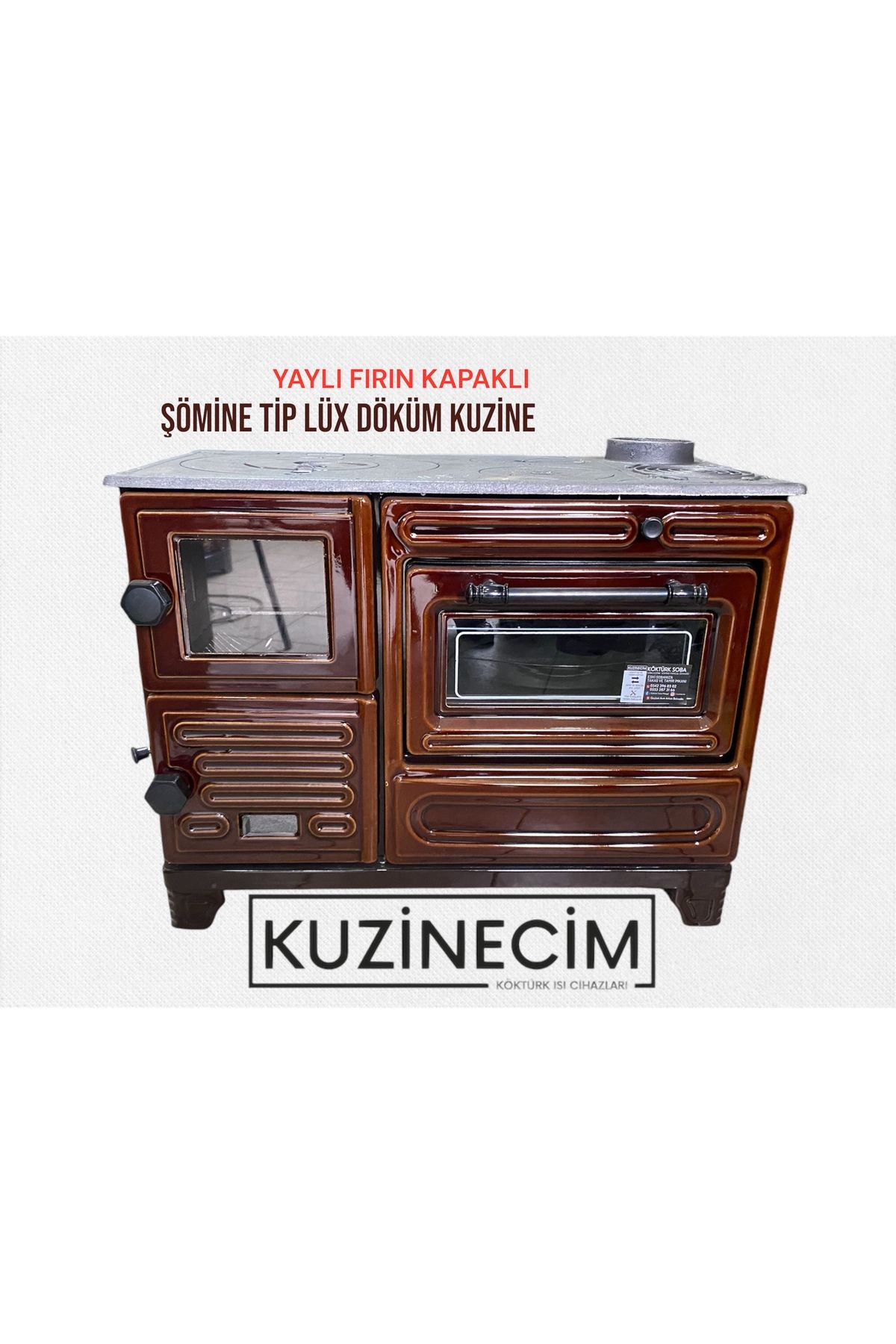 KUZİNECİM ŞÖMİNE TİP LÜX DÖKÜM YAYLI KAPAKLI GENİŞ FIRINLI KUZİNE SOBA ÖZEL KAHVERENGİ RENK