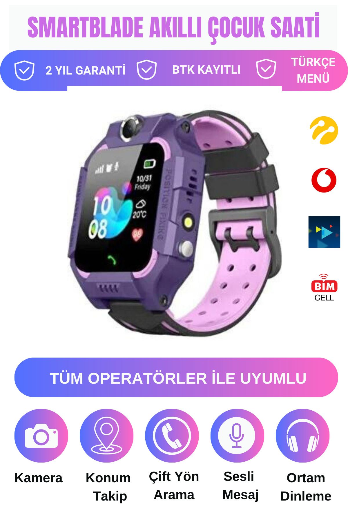 SmartBlade Akıllı Çocuk Saati Konum Takipli Sim Kart Girişli Imei Kayıtlı Lbs Ve Sos Özellikli-mor-1