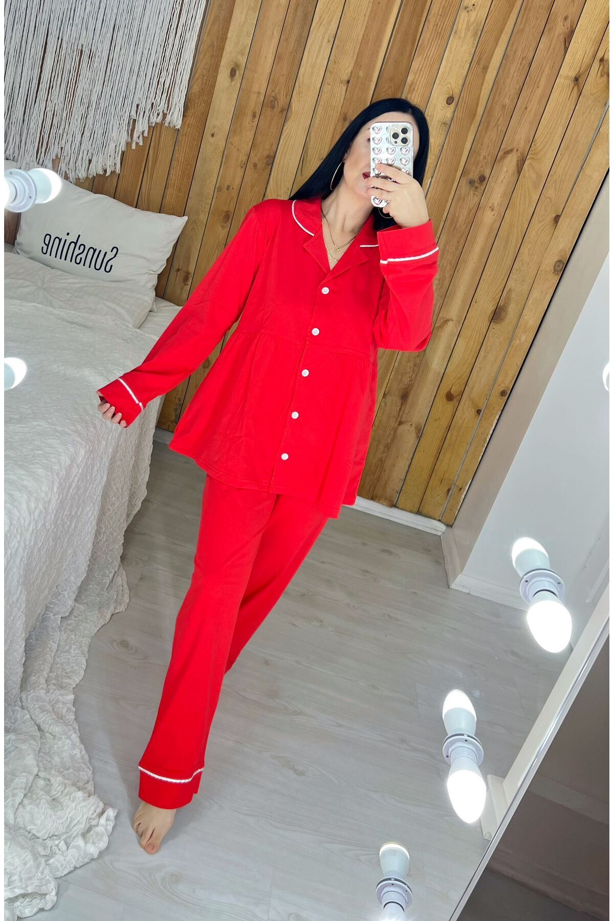 Pijamapartisi Kırmızı renk penye kumaş pileli hamile lohusa pijama takımı