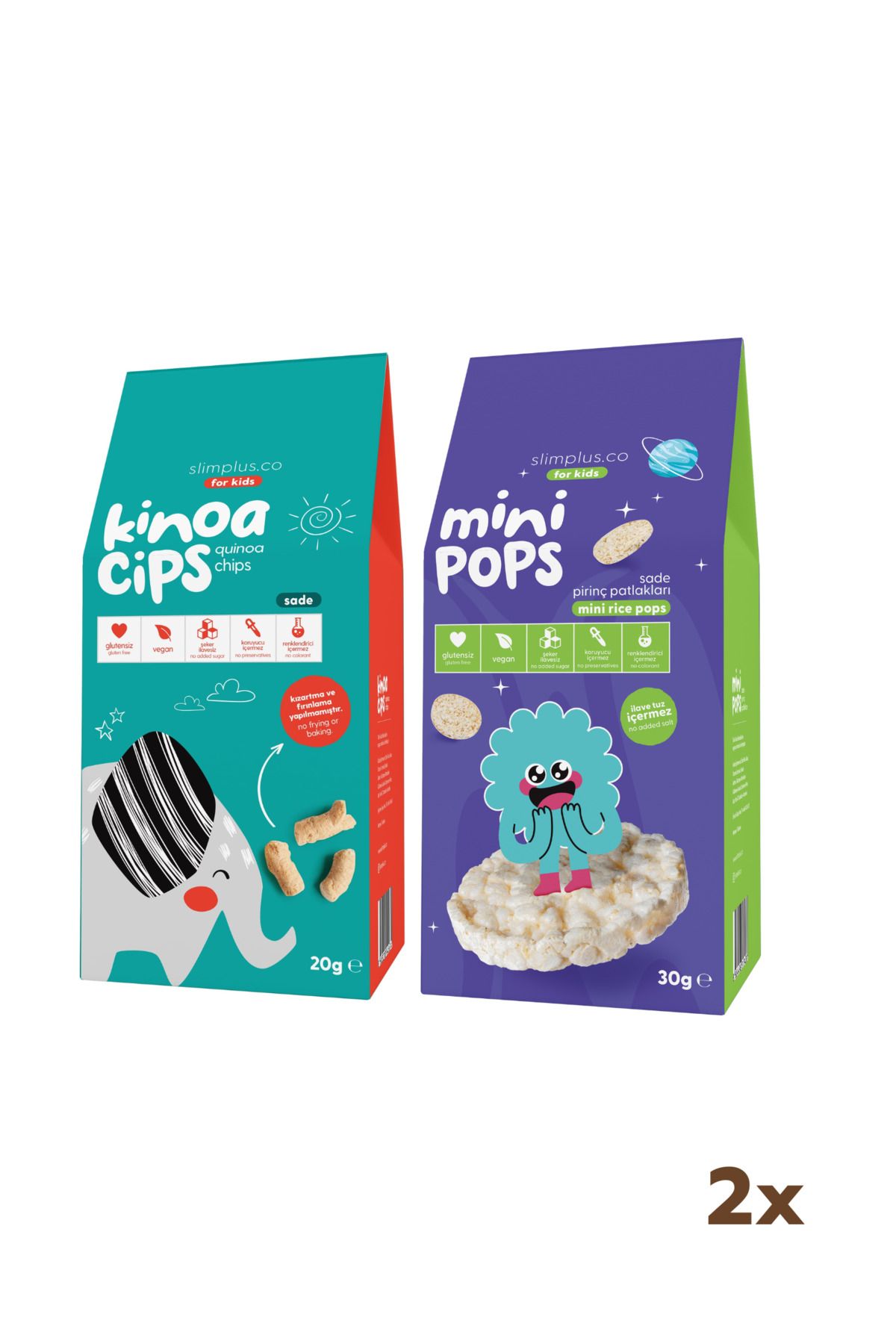 slimplus 20G Sade Kinoa Cipsi for Kids Tatlı Fil ve 30G Mini Pops Pirinç Patlakları