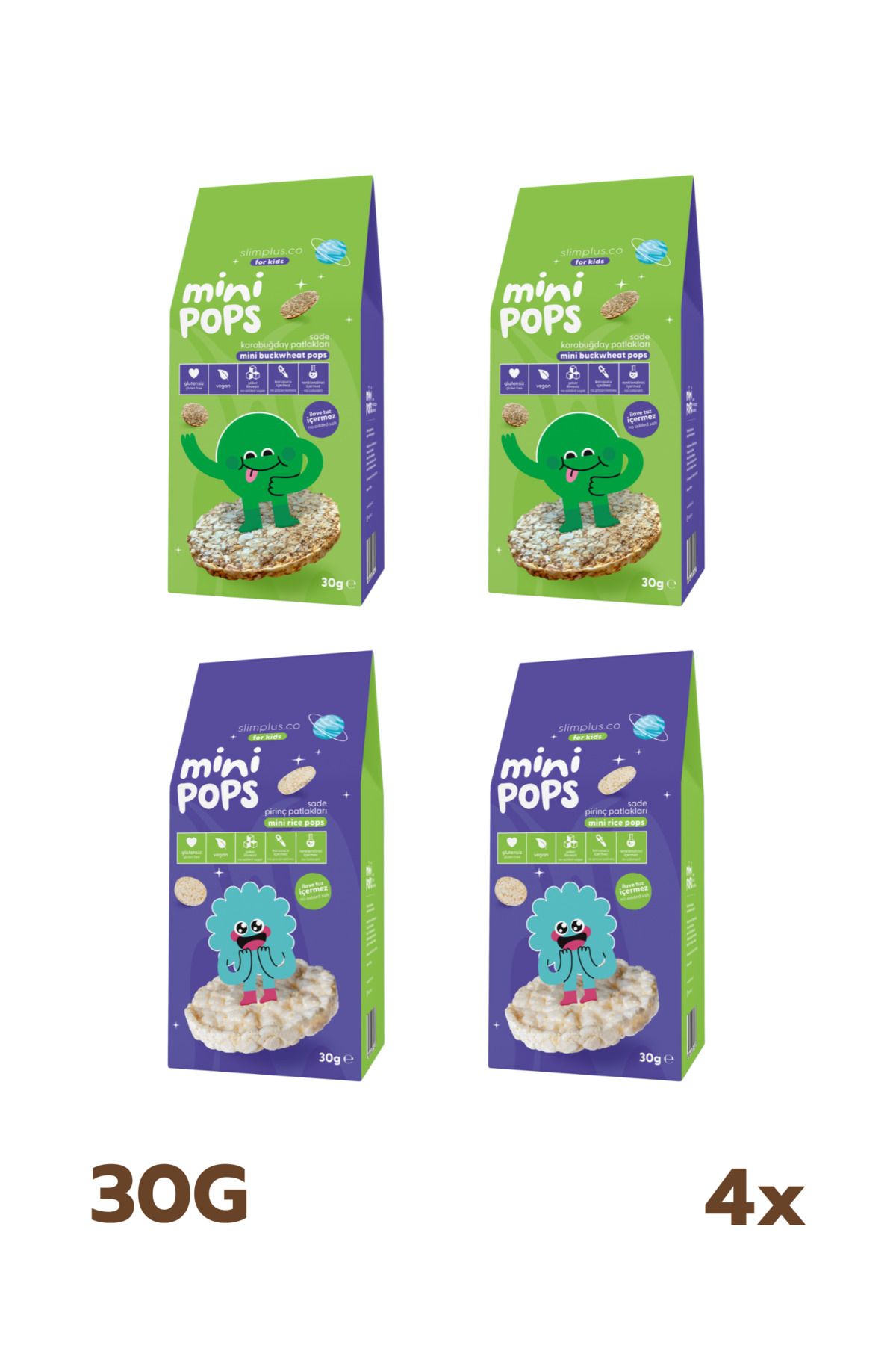 slimplus 4\'lü Paket Mini Pops Pirinç Patlakları ve Mini Pops Karabuğday Patlakları 30G