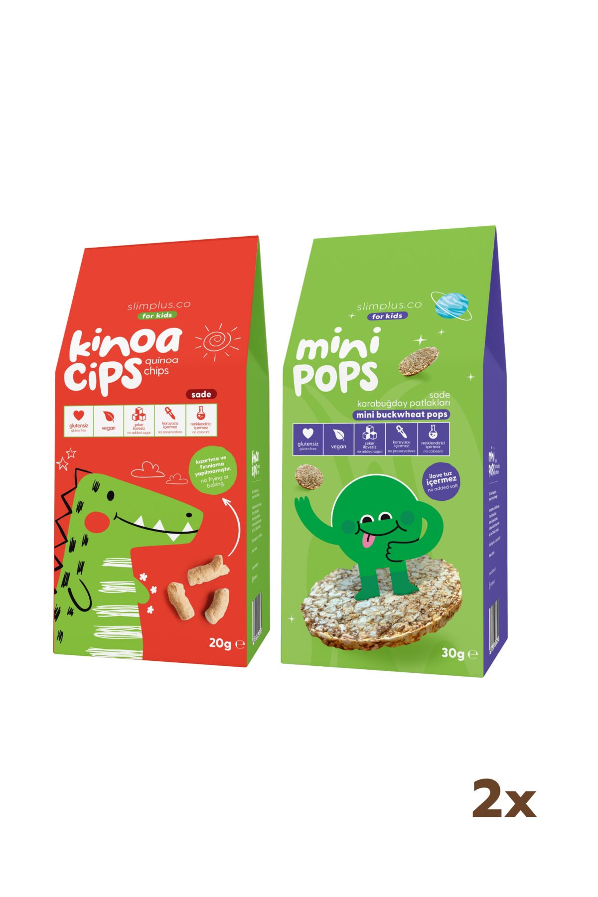 slimplus 20G Sade Kinoa Cipsi for Kids Sevimli Dinozor ve 30G Mini Pops Karabuğday Patlakları