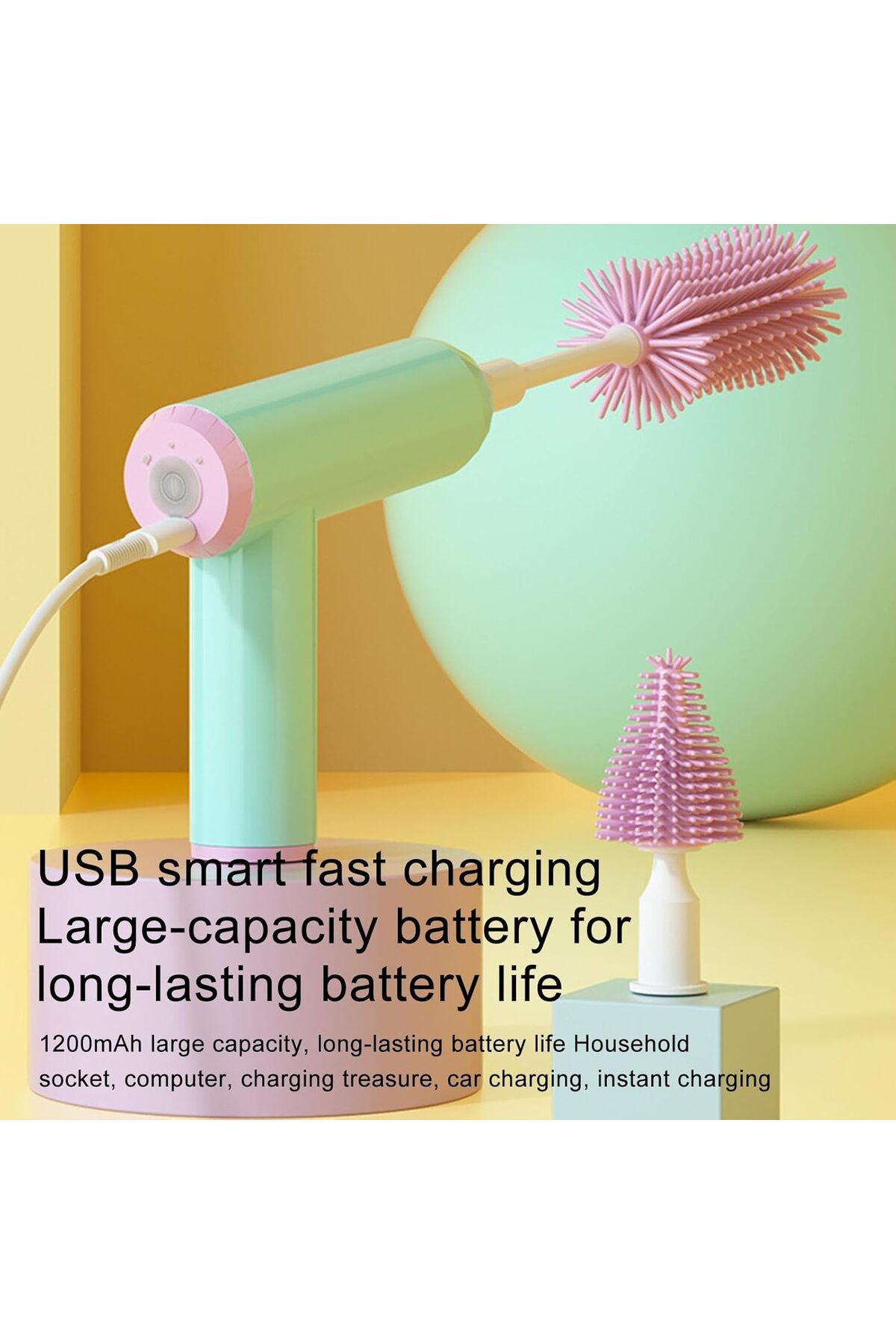 Yellowtech Şarjlı Biberon Temizleyici 2 Başlıklı Silikon Usb Şarj Edilebilir Biberon Fırçası fotoğrafı 7 (önizleme)