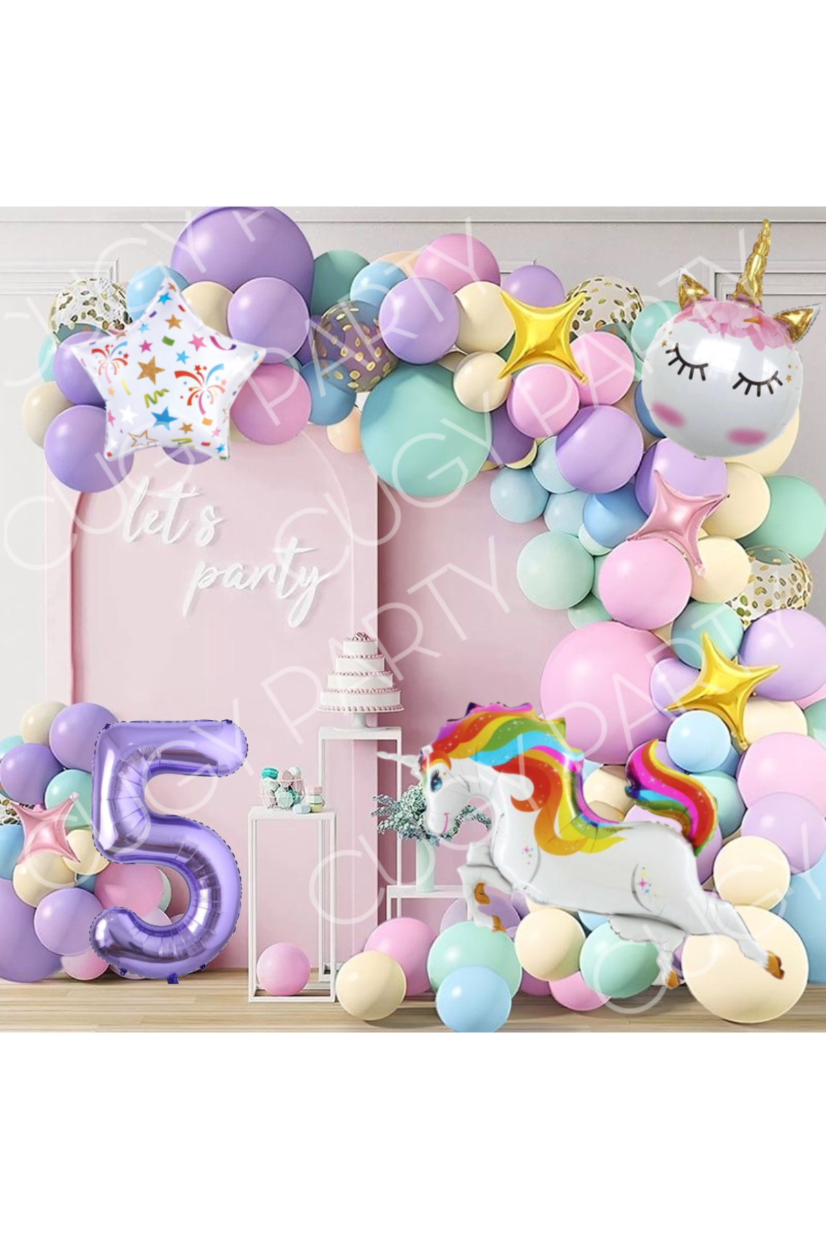 CUGY MAKARON BALONLAR UNIKORN ATLI YAŞ RAKAMLI KONSEPT DOĞUM GÜNÜ SÜSÜ PART SETİ