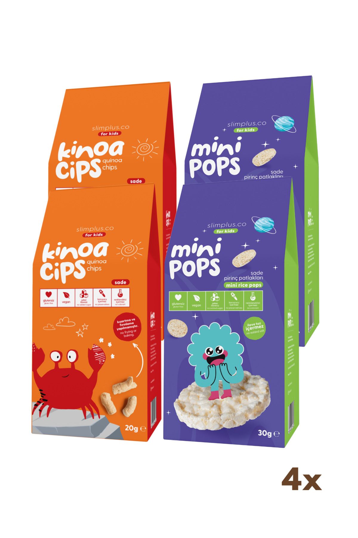 slimplus 4'lü Paket 20G Sade Kinoa Cipsi for Kids Neşeli Yengeç ve 30G Mini Pops Pirinç Patlakları