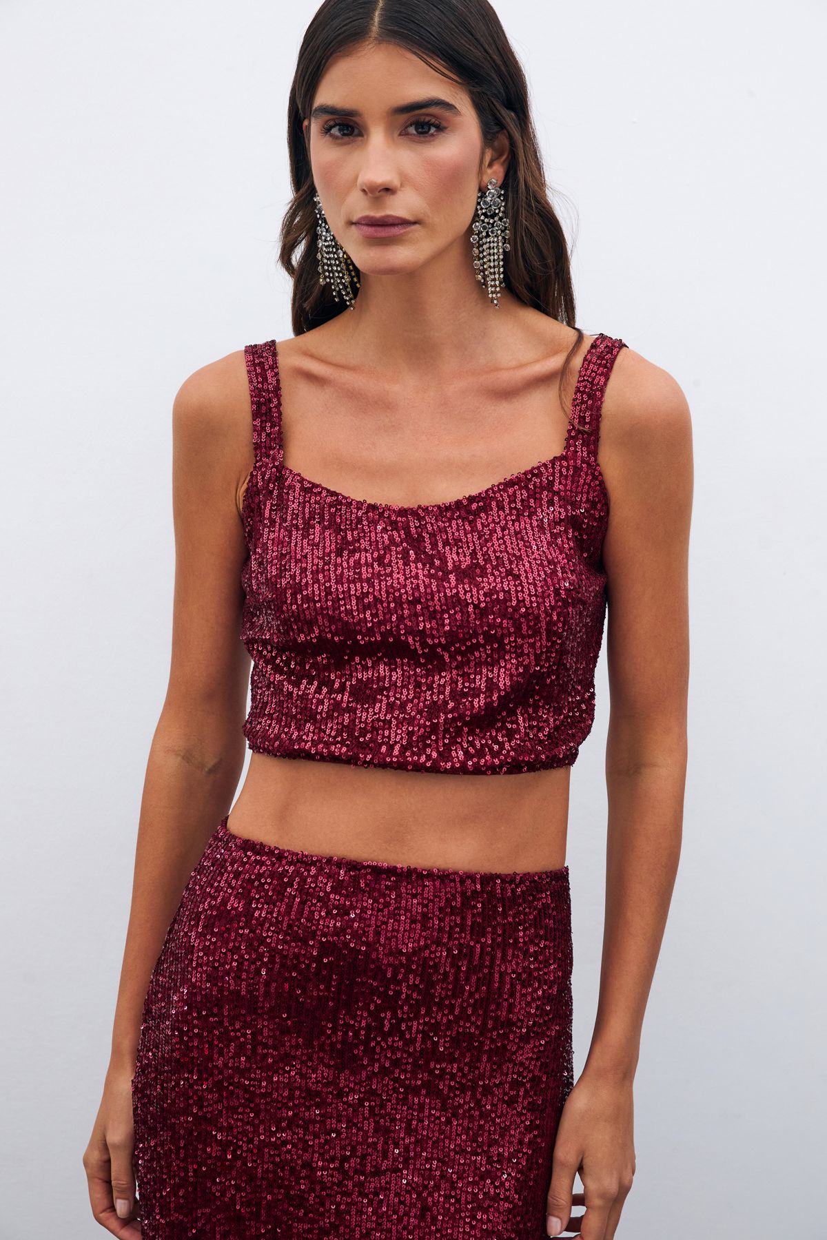 Sateen-Bluză cu paiete crop burgundy 2