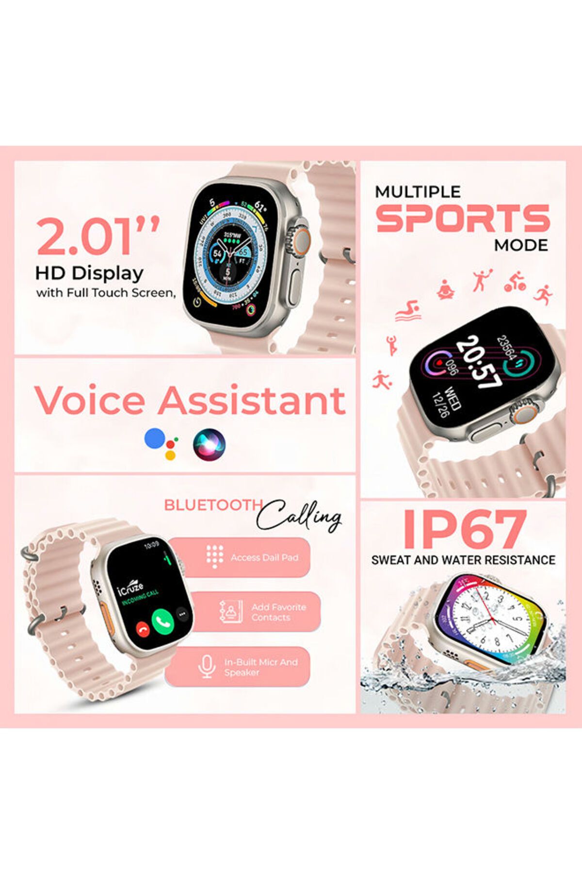 Icruze-Pronto Max Smartwatch Bluetooth Calling- 2.01’’ Inch Touch Screen,Silicon Band-Pink 2