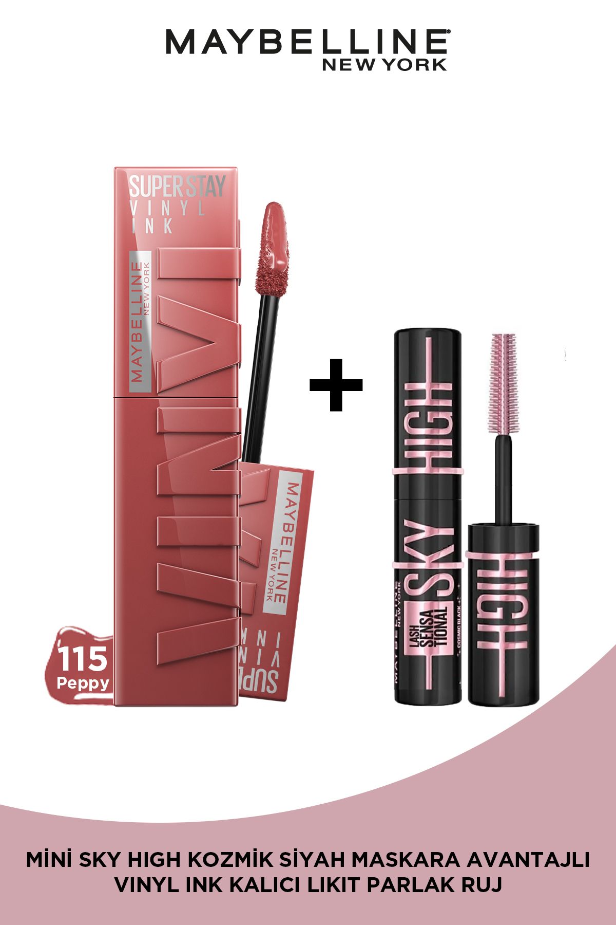 Maybelline New York Super Stay Vinyl Ink Uzun Süre Kalıcı Likit Parlak Ruj 115 Peppy &Mini Sky High Cosmic Black Maskara-2