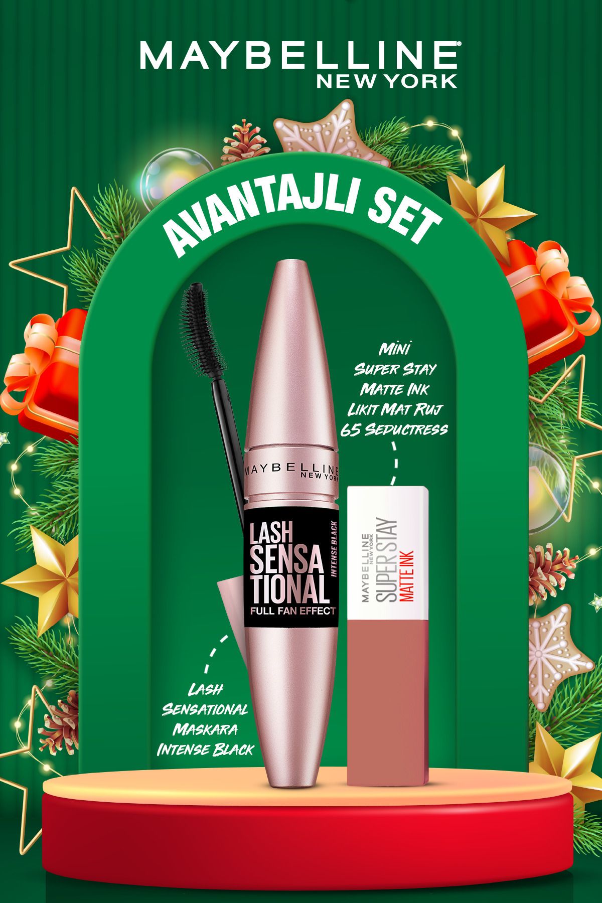 Maybelline New York 2'li Lash Sensational Ekstra Siyah Maskara+ Mini Super Stay Matte Ink Likit Mat Ruj 65 Seductress