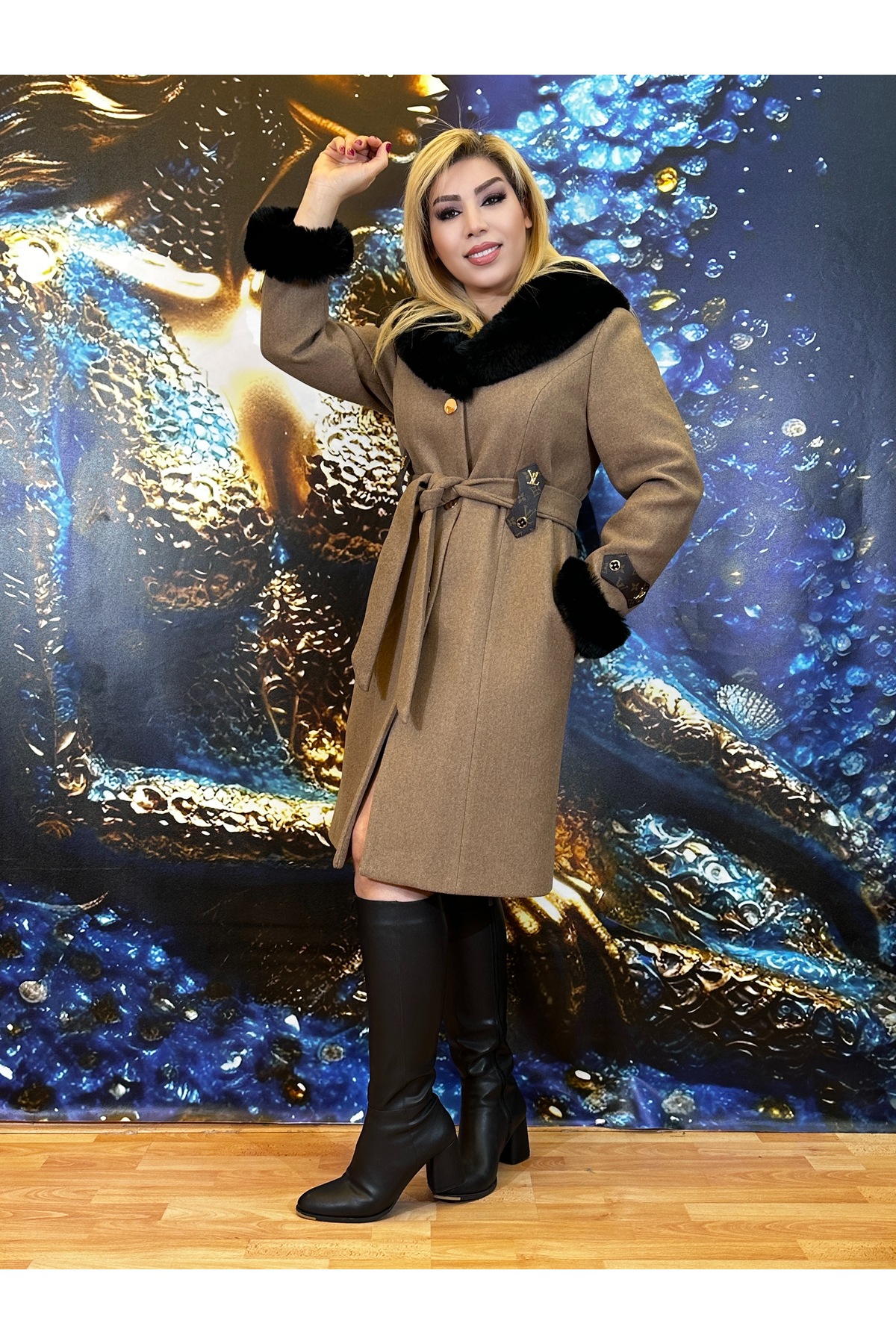 Yeşilmoda  KABAN MONT PALTO Özel tasarim Yuksek kalite Şişme mont kürkLI kaban - Görsel 6