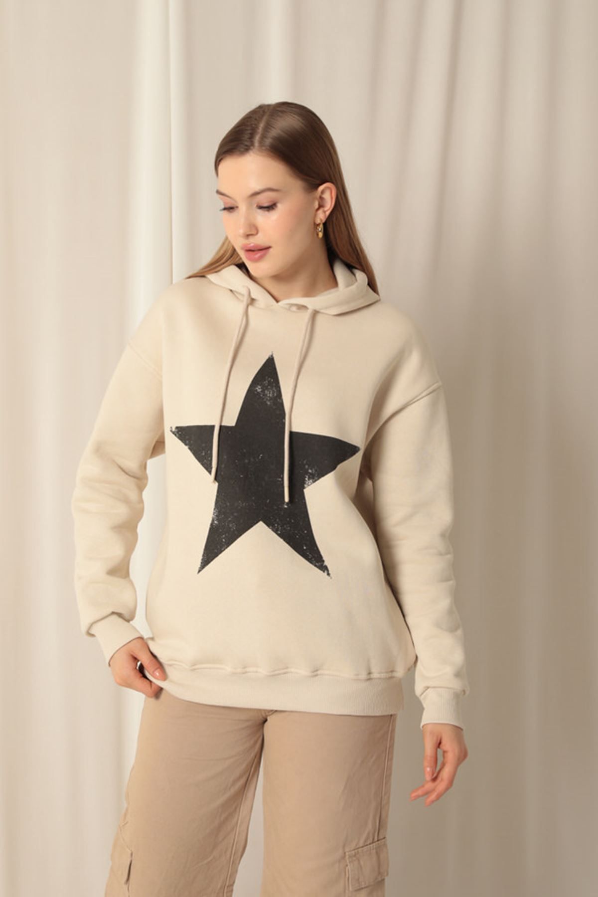 blueb Üç İplik Yıldız Baskılı Kapüşonlu Kadın Bej Sweat