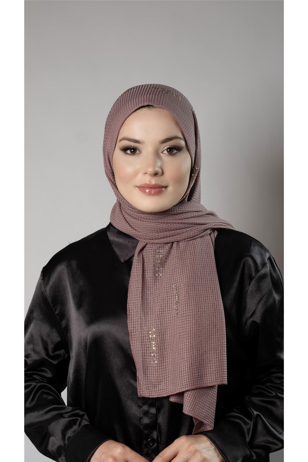 Dusty Rose Practical Ready-to-Place Hijab Shawl Knitted Fabric Star Patterned with Gemstone 2118Y_18