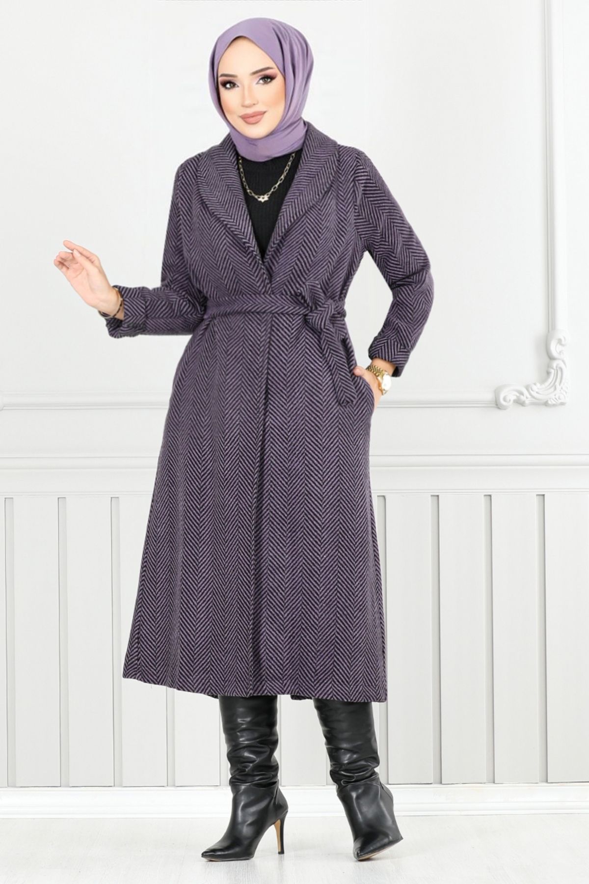 ModaMerve-Long Dark Lilac Striped Coat - 319Evo1065-M 2