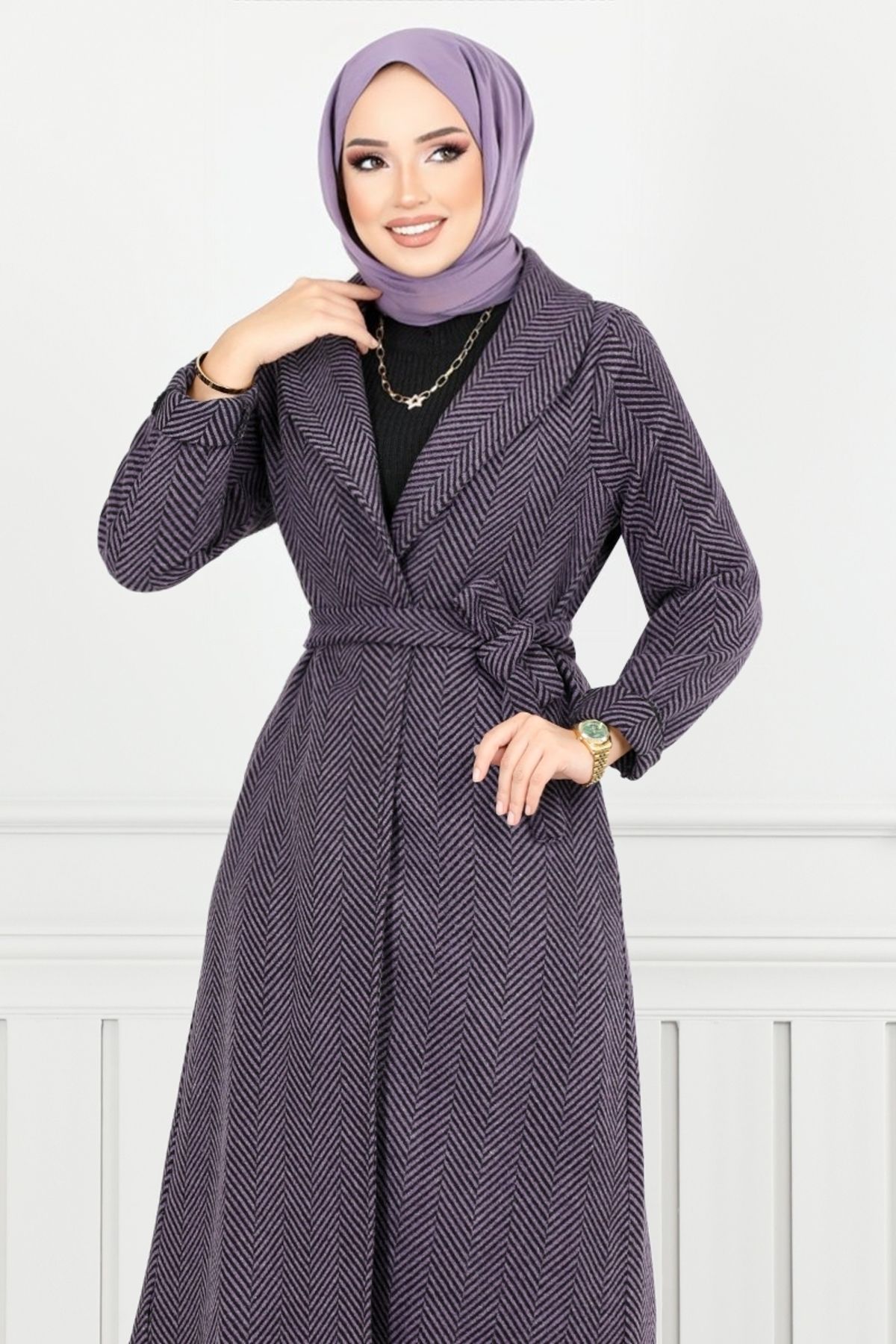 ModaMerve-Long Dark Lilac Striped Coat - 319Evo1065-M 4