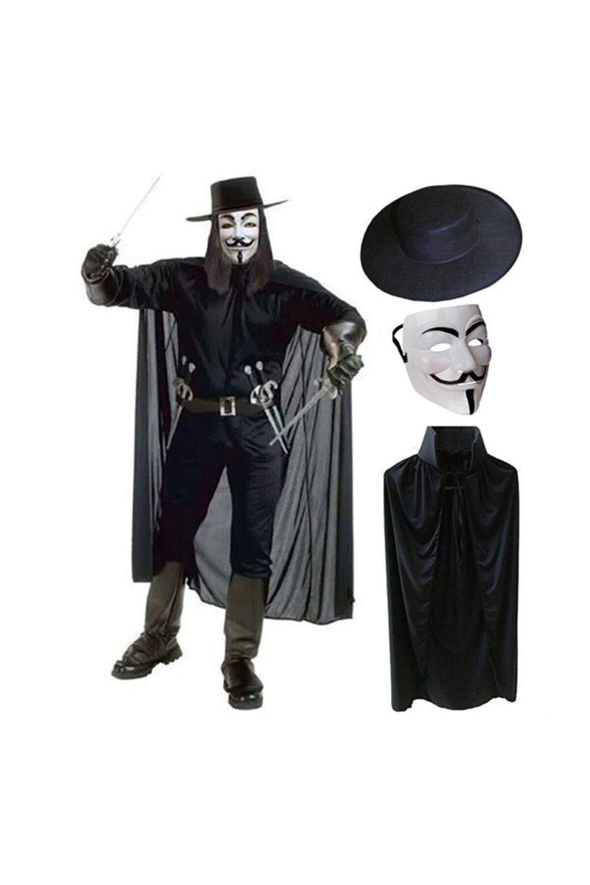 Skygo V For Vendetta Maskesi Şapkası ve Pelerin Kostüm Seti Yetişkin Boy