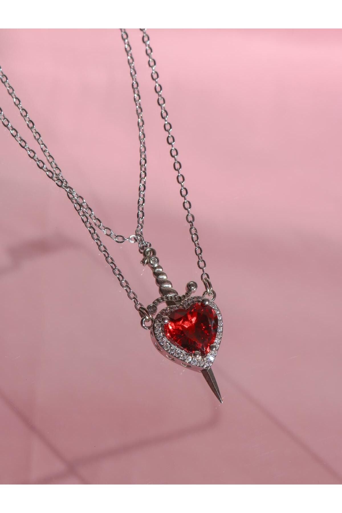 Reorah Collection-Red Stone Heart Sword Couple Necklace 1