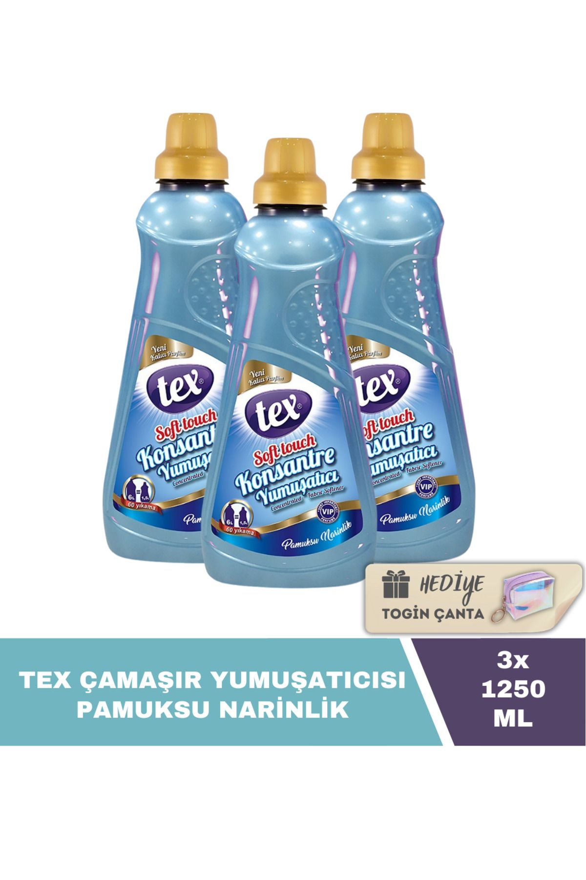 Tex Konsantre Yumuşatıcı Pamuksu Narinlik 1250 ML X3 Adet + Hediye Togin Çanta