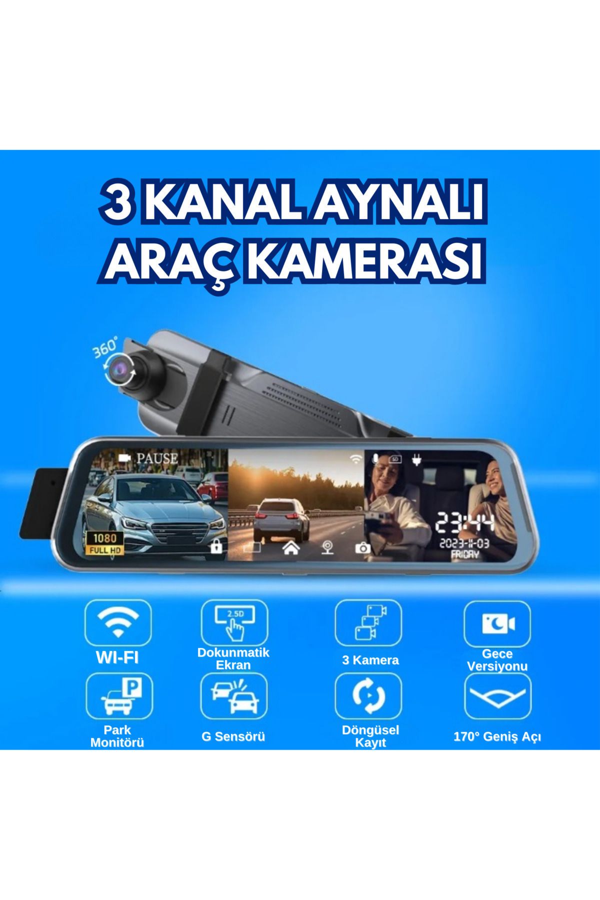 Yeelock UNİVERSAL 10 INCH Uyumlu Dikiz Aynası Araç Kamerası Tam Ekran Dokunmatik 1080p Ekranlı 3 KAMERALI