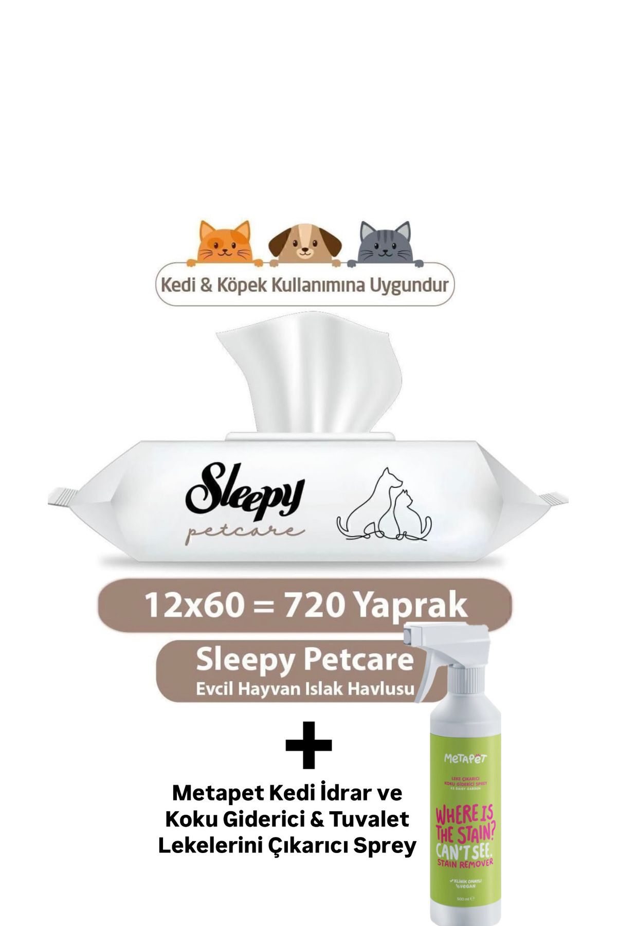 Sleepy Petcare Evcil Hayvan Islak Havlusu 60 x 12 Adet ve Metapet Kedi İdrar ve Koku leke Giderici