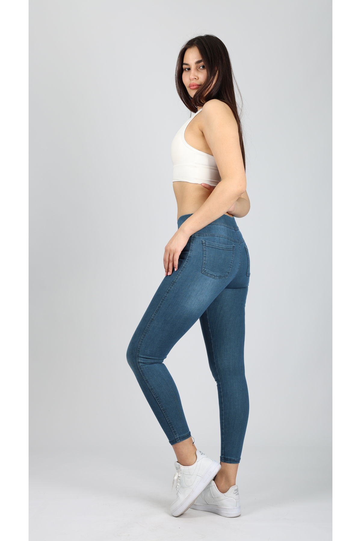 NEŞA KOTÇU  Kadın Mavi Beli Lastikli Tayt Kot Pantolon - Görsel 3