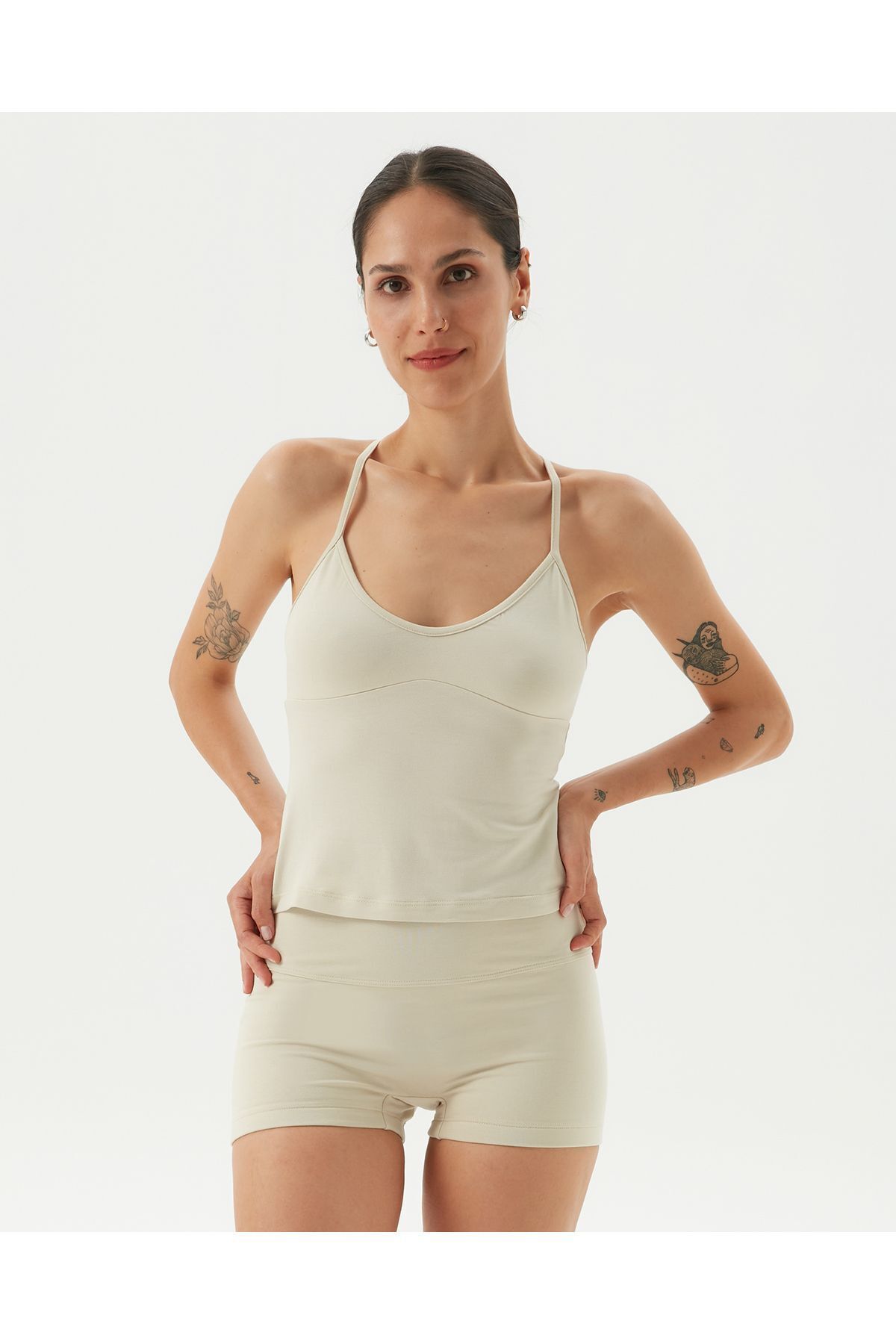 Ayma Active-Cream Women's Cross Back Strap Tank Top with Chest Cup 7