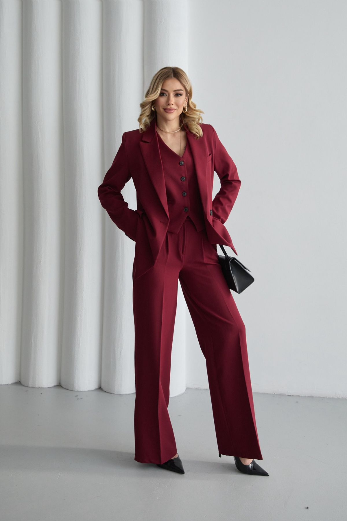 HOEK-Women's Burgundy Blazer Jacket-Vest-Pants Set 2