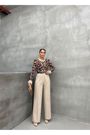 TİSHOOSTORE Kemerli Yüksek Bel Taş Kumaş Palazzo Pantolon