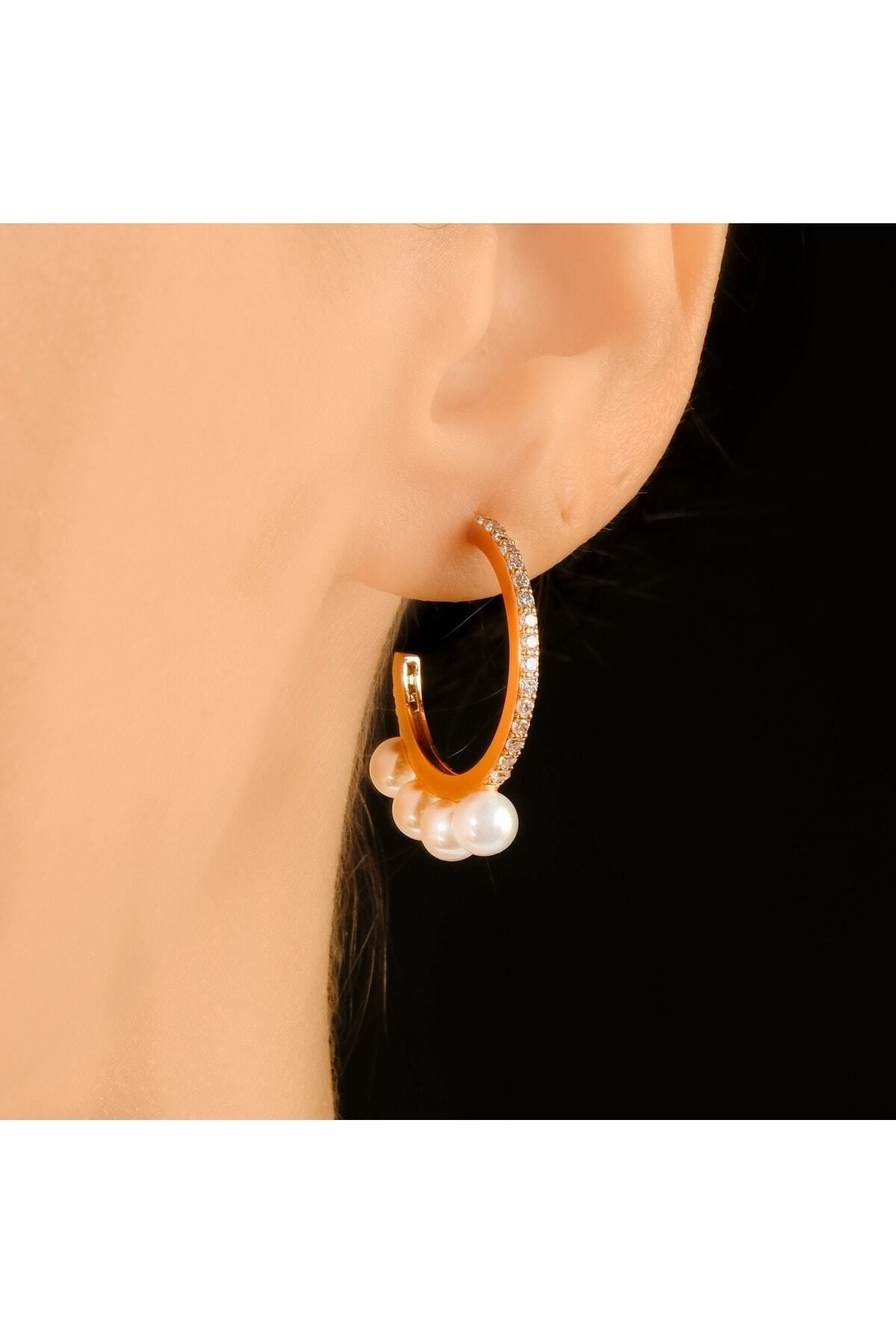 Lekka Design-Women's Non-Tarnish Steel Luxury Zircon Stone Four Pearl Hoop Earrings Jewelry Accessory 3
