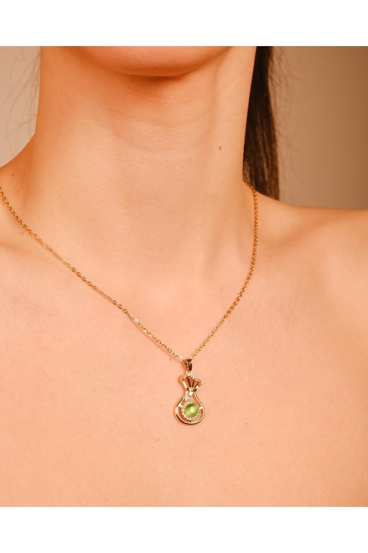 Lekka Design-Green Stone Non-Tarnish Steel Women's Jewelry Necklace 1