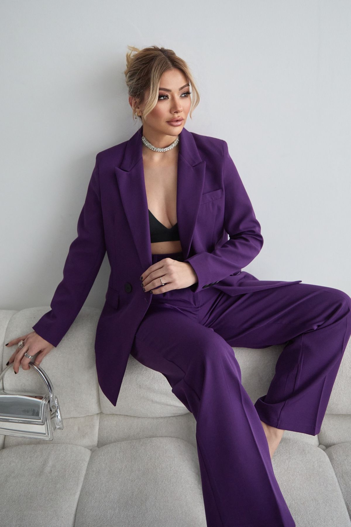 HOEK-Femei Patlican Purple Blazer Jachetă Palazzo Pantaloni Costum 2