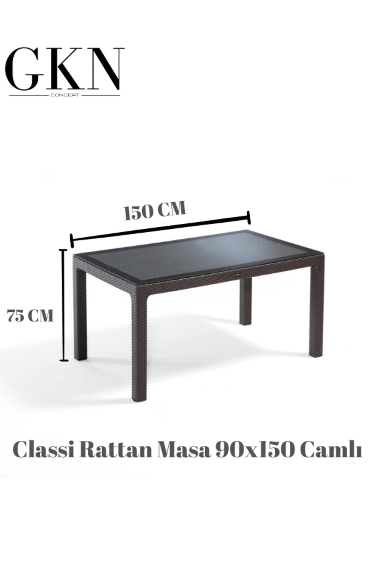 ÖZMOB Novussi Classi Rattan Camlı Masa 90x150 Dikdörtgen Masa Bahçe Masası Rattan Masa Dış Mekan Masası