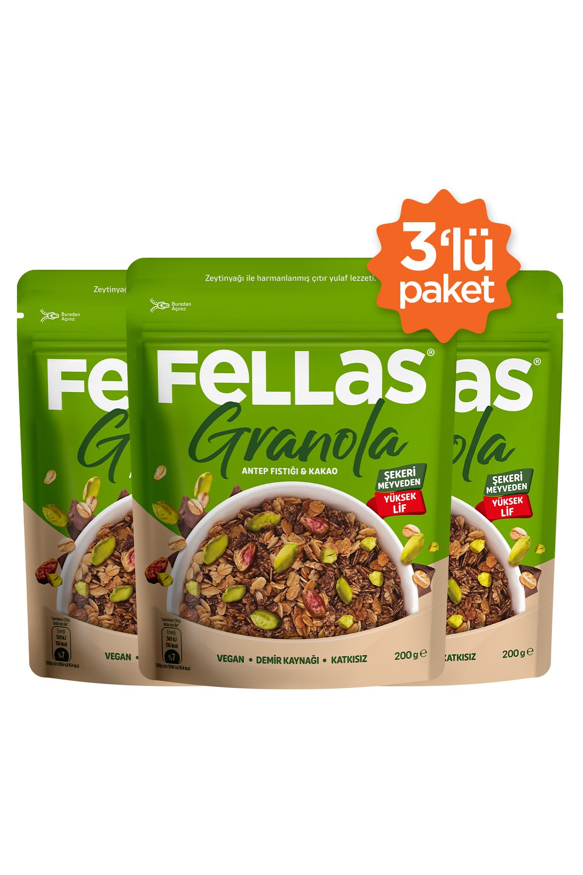 Fellas Granola - Antep Fıstıklı & Kakaolu 200g 3'lü Paket