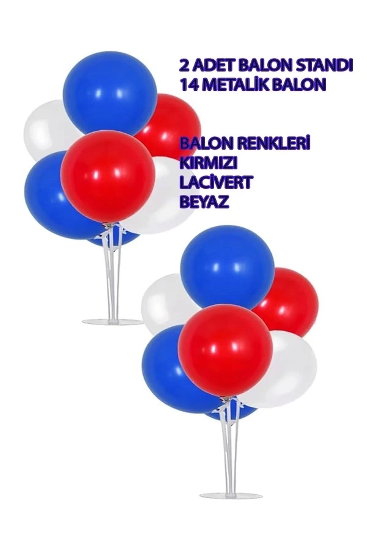 Genel Markalar 2 Adet 7'li Balon Standı Ve 14 Adet Beyaz-Kırmızı-Lacivert Metalik Balon Set Roblox Balon Set