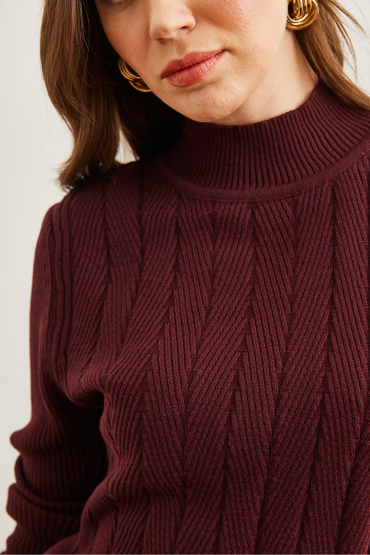 Olalook  Kadın Bordo Yarım Balıkçı Zikzak Dokulu Yumuşak Triko Kazak KZK-19000447 - Görsel 5