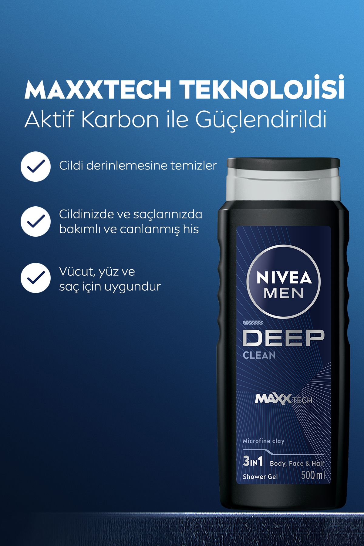 ژل دوش و حمام مردانه مردانه Deep Dimension 500ml، مراقبت کامل 3 در 1، موهای بدن صورت NIVEA