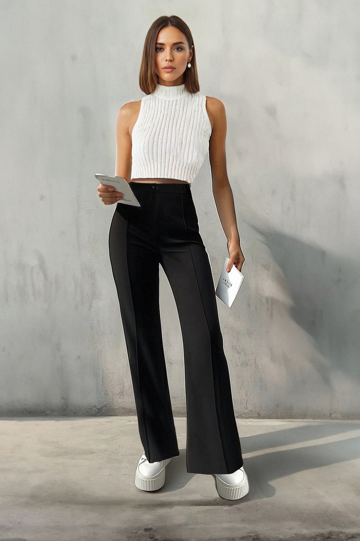 Trendyol Collection-Schwarze, gerade geschnittene, gerippte, genähte Webhose mit hoher Taille TWOSS21PL0093 11