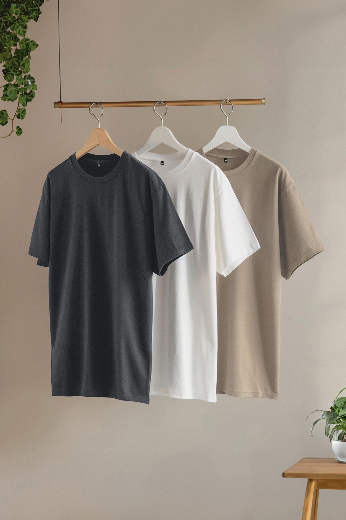 Trendyol Collection Stone-Ecru-Anthracite Slim/Slim Fit Crew Neck Basic 100% pamut 3 csomagos póló TMNSS19BO0007