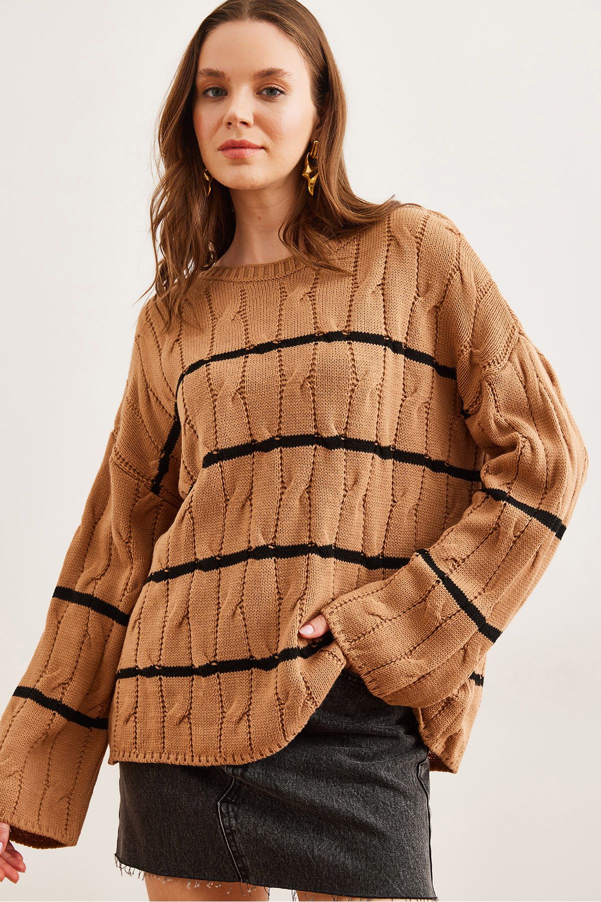 Olalook-Women's Camel Hair Braided Line Detailed Knitwear Sweater Kzk- 19000919 4