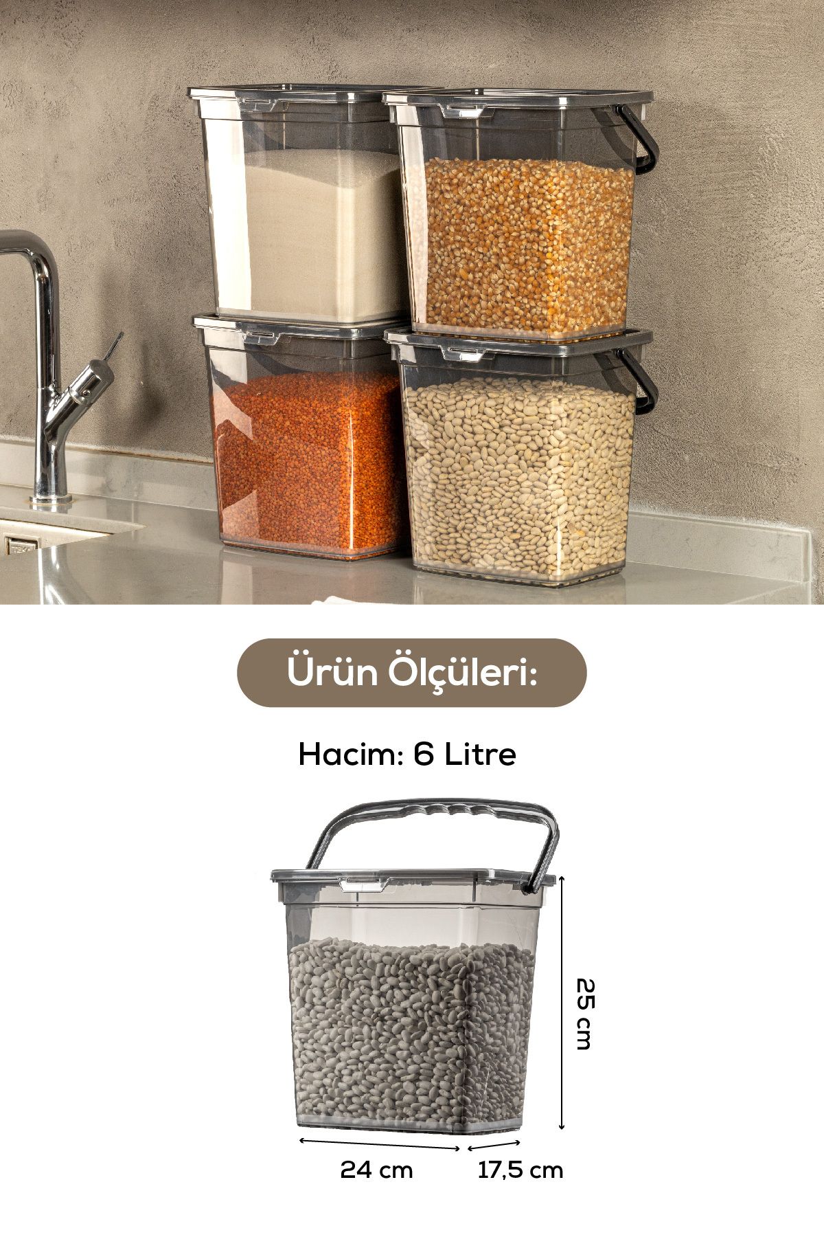 Vienev-Mega Size 4-Piece Square Flour and Legumes Container 6 Liters - Detergent Storage Box Container with Handle Anthracite 7